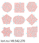 Labyrinth game way rebus set with isolated maze images on blank background with solution paths marks vector illustration. Стоковая иллюстрация, агентство Ingram Publishing / Фотобанк Лори