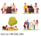 Set of four isolated bbq compositions with flat characters of kids groups families adults and friends vector illustration. Стоковая иллюстрация, агентство Ingram Publishing / Фотобанк Лори