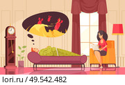 Psychotherapy session with therapist working with lying on couch client to overcome fear flat composition vector illustration. Стоковая иллюстрация, агентство Ingram Publishing / Фотобанк Лори