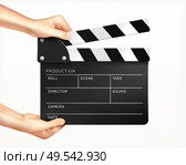 Clapper board in hands realistic composition with images of human hands holding clapper with empty text fields vector illustration. Стоковая иллюстрация, агентство Ingram Publishing / Фотобанк Лори