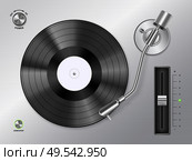 Vinyl record disc playing on turntable player closeup top view realistic black white retro image vector illustration. Стоковая иллюстрация, агентство Ingram Publishing / Фотобанк Лори