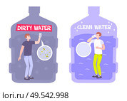 Dirty water concept with flat composition of human characters inside bottles of muddy and pure water vector illustration. Стоковая иллюстрация, агентство Ingram Publishing / Фотобанк Лори
