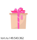 Pink gift box side view, vector present in color wrapping isolated. Surprise with price tag, topped by satin ribbon and bow, flat style illustration. Pink Gift Box Side View Vector Present in Wrapping. Стоковая иллюстрация, агентство Ingram Publishing / Фотобанк Лори