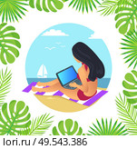Back view of woman with long dark hair, freelancer sitting on mat, ship on sea. Round boarder with fern leaves, female working with laptop vector. Female Working with Laptop on Mat, Beach Vector. Стоковая иллюстрация, агентство Ingram Publishing / Фотобанк Лори