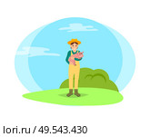 Farmer woman and pig in hands. Female tending animals, breeding of swines. Person surrounded by nature of farmland, farming lady with piglet vector. Farmer Woman and Pig in Hands Vector Illustration. Стоковая иллюстрация, агентство Ingram Publishing / Фотобанк Лори