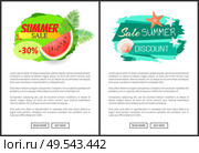 Sale summertime poster with text. Seasonal proposal, reduction of price. Seashell and starfish, watermelon and palm leaves, marine concept leaflets vector. Sale Summertime Poster with Text Seasonal Proposal. Стоковая иллюстрация, агентство Ingram Publishing / Фотобанк Лори