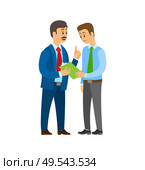 Boss company leader talking to office worker man wearing suit vector. People discussing business ideas and strategy planning. Clipboard with pages. Boss Company Leader Talking to Office Worker Man. Стоковая иллюстрация, агентство Ingram Publishing / Фотобанк Лори