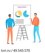 Information on whiteboard, infochart diagram with segments vector. Business meeting, planning and brainstorming, statistics on board, conference flat style. Man on Presentation, Business Seminar Whiteboard. Стоковая иллюстрация, агентство Ingram Publishing / Фотобанк Лори