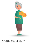 Old woman with grey hair in green tunic and long skirt stand and holds big bouquet of yellow flowers vector illustration.. Old Woman Holds Big Bouquet of Yellow Flowers. Стоковая иллюстрация, агентство Ingram Publishing / Фотобанк Лори