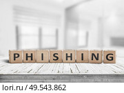 Phishing scam sign on a wooden table in a bright office with blocks. Стоковое фото, агентство Ingram Publishing / Фотобанк Лори