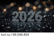 The banner. Happy New Year and Merry Christmas. Shiny numbers from 2026, sequins and a beautiful side on a dark background. The flyer. Invitation. Стоковое AI-изображение, AI-художник Photojuli / Фотобанк Лори