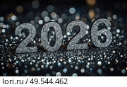 The banner. Happy New Year and Merry Christmas. Shiny numbers from 2026, sequins and a beautiful side on a dark background. The flyer. Invitation. Стоковое AI-изображение, AI-художник Photojuli / Фотобанк Лори