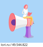 Woman sitting on loudspeaker big megaphone vector isolated on blue. Loudhailer portable hand-held cone shaped acoustic horn to amplify voice vector. Woman Sitting on Loudspeaker Big Megaphone Vector. Стоковая иллюстрация, агентство Ingram Publishing / Фотобанк Лори