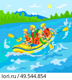 Wild nature, travelers in boat, river rafting vector. Mountain and forest, men and women in helmets and life vests with oars, extreme traveling or sport. Travelers in Boat, River Rafting, Wild Nature. Стоковая иллюстрация, агентство Ingram Publishing / Фотобанк Лори