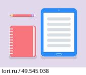 Notebook to write memos and personal information vector. Paper with spiral bind together, pencil and e-book, tablet device assisting in education learning. Notebook to Write Memos and Personal Information. Стоковая иллюстрация, агентство Ingram Publishing / Фотобанк Лори