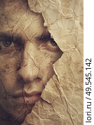 A mans face is visible through a tear in a piece of paper, revealing a partial view of his features. Стоковое AI-изображение, AI-художник Данила Большаков / Фотобанк Лори