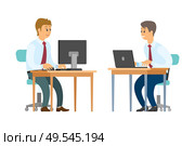 Business workers with computer and laptop at desks vector. Men in shirts with ties, clerks and employees, businessmen or entrepreneurs, financial report. Office Workers with Computer and Laptop at Desks. Стоковая иллюстрация, агентство Ingram Publishing / Фотобанк Лори