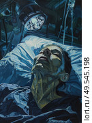 A patient lies on an operating table under bright surgical lights, with medical equipment surrounding them. Стоковое AI-изображение, AI-художник Данила Большаков / Фотобанк Лори