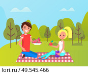 Man and woman sitting on mat with fruit watermelon and apple, juice in box. Smiling people in sportwear relaxing near green trees, healthy food vector. Sporty People and Healthy Food in Park Vector. Стоковая иллюстрация, агентство Ingram Publishing / Фотобанк Лори