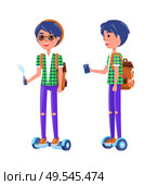 Students with gyroscooter and smoking vape in hands. Boy riding hoverboard and smiling, male wearing glasses and thorn trousers, teenagers vector. Students with Gyroscooter and Vape Boy Vector. Стоковая иллюстрация, агентство Ingram Publishing / Фотобанк Лори