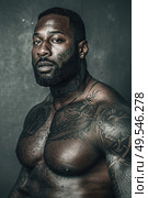 A black man displaying intricate tattoos on his chest, showcasing bold designs and artistic patterns. Стоковое AI-изображение, AI-художник Данила Большаков / Фотобанк Лори