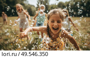 A group of children happily playing and chasing bubbles in a grassy field on a sunny day. Стоковое AI-изображение, AI-художник Данила Большаков / Фотобанк Лори