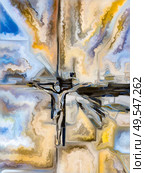 Spectral Faith Cross of Stained Glass series. Arrangement of organic church window color pattern on the subject of fragmented unity of Crucifixion of Christ and Nature. Стоковое фото, агентство Ingram Publishing / Фотобанк Лори