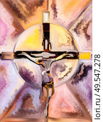 Spectral Faith Cross of Stained Glass series. Backdrop design of organic church window color pattern for works on fragmented unity of Crucifixion of Christ and Nature. Стоковое фото, агентство Ingram Publishing / Фотобанк Лори