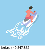 Man driving on waterbike, summer activity, back view of human in short riding on jetski, watersoprt flat design. Aqua transport for going by sea vector. Jetski or Waterbike, Transport for Water Vector. Стоковая иллюстрация, агентство Ingram Publishing / Фотобанк Лори