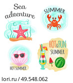 Underwater animals, sea adventure and hot summer vector. Seafish and crab, seashell in sunglasses and cocktail with straw, ice cream and watermelon. Sea Adventure and Hot Summer, Underwater Animals. Стоковая иллюстрация, агентство Ingram Publishing / Фотобанк Лори