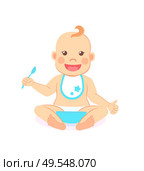 Happy infant baby boy eats itself isolated. Vector toddler in bib and diaper with spoon and bowl of porridge, 6 to 12 month milestones of newborn kid. Happy Infant Baby Boy Eats Itself Isolated Vector. Стоковая иллюстрация, агентство Ingram Publishing / Фотобанк Лори