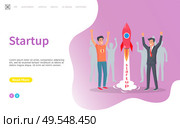 Spaceship launching, new business project vector. Successful start of ideas realization, achievement of success, businessman happy of results. Website or webpage template, landing page flat style. Startup Launching of Rocket, People with Craft. Стоковая иллюстрация, агентство Ingram Publishing / Фотобанк Лори