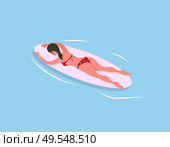 Woman swimming on surfboard isolated on blue sea waters. Vector surfboarder relaxing on summer resort, extreme sport and cartoon character in bikini, back view. Woman Swimming on Surfboard Isolated in Sea Waters. Стоковая иллюстрация, агентство Ingram Publishing / Фотобанк Лори