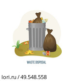 Waste disposal vector, dumpster with metal container filled with rubbish and litter, ecological disaster on planet Earth. Packages packs with garbage. Concept for Earth day. Waste Disposal Metal Can with Rubbish and Litter. Стоковая иллюстрация, агентство Ingram Publishing / Фотобанк Лори