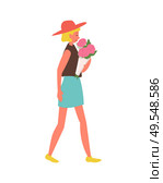 Pink roses given to woman vector, isolated girl wearing stylish clothes on international womens day. Female walking with flowers in paper wrapping. Blond Woman Walking with Roses in Paper Wrapping. Стоковая иллюстрация, агентство Ingram Publishing / Фотобанк Лори