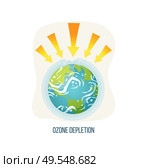 Ozone depletion vector, ecological problems on planet isolated icon, poster with inscription, earth with arrowheads and broken layer issues and danger. Earth day concept. Ozone Depletion Earth with Broken Layers Icon. Стоковая иллюстрация, агентство Ingram Publishing / Фотобанк Лори