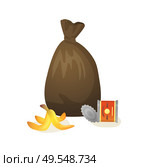 bag with garbage vector, isolated icon in flat style, banana skin and jar made of metal material, conservation of planet, environmental problems issues. Concept for Earth day. Plastic Bag with Collected Garbage Isolated Icon. Стоковая иллюстрация, агентство Ingram Publishing / Фотобанк Лори
