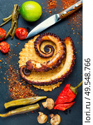 Grilled octopus with roasted vegetables.Octopus tentacles on grill. Grilled octopus on cheese waffle. Стоковое фото, агентство Ingram Publishing / Фотобанк Лори