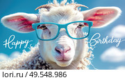 A sheep standing in a field, wearing glasses, with a clear blue sky in the background. Стоковое AI-изображение, AI-художник Данила Большаков / Фотобанк Лори