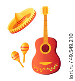 Cinco de mayo vector, isolated icons of celebration elements, sombrero hat with ornaments. Acoustic guitar instrument with flora, maracas latin culture. Cinco de Mayo Acoustic Guitar and Sombrero Hat. Стоковая иллюстрация, агентство Ingram Publishing / Фотобанк Лори