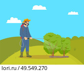 Worker with sprayer working on hill. Man farmer protecting bushes from harmful insects with chemical liquids from tank reservoir. Plantation vector. Worker with Sprayer on Hill Vector Illustration. Стоковая иллюстрация, агентство Ingram Publishing / Фотобанк Лори