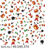 Pixel art 8bit vector, seamless pattern on white background, bomb and explosion of weaponry, retro style of character fighting against dragon flat style. Pixel Art Game Characters Effects Seamless Pattern. Стоковая иллюстрация, агентство Ingram Publishing / Фотобанк Лори