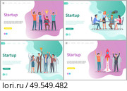 Startup vector, people working on conference, brainstorming. Launching of rocket, success and achievement of goals and targets of company. Website or webpage for start up, landing page flat style. Startup People Working on New Business Project. Стоковая иллюстрация, агентство Ingram Publishing / Фотобанк Лори