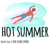 Hot summer activities, man swimming on surfboard isolated emblem or logo. Vector surfboarder relaxing in calm pool, cartoon character in trousers, back view. Hot Summer Activities, Man Swimming on Surfboard. Стоковая иллюстрация, агентство Ingram Publishing / Фотобанк Лори