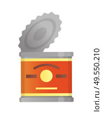Metal can vector, container with red emblem isolated icon in flat style. Open object made of metal material, packaging for food storage recyclable waste. Metal Can with Red Emblem, Open Container Vector. Стоковая иллюстрация, агентство Ingram Publishing / Фотобанк Лори