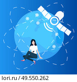 Person with cell phone vector, woman using smartphone to chat and talk, cellular communication and search for connection, planet with lines flat style. Woman Using Smarphone, Globe and Satellite Set. Стоковая иллюстрация, агентство Ingram Publishing / Фотобанк Лори