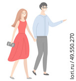 Male and female in love, guy in glasses, lady in red dress, people in casual cloth walking and flirting. Man and woman holding hands vector isolated couple. Male and Female in Love, Guy and Lady Walking. Стоковая иллюстрация, агентство Ingram Publishing / Фотобанк Лори