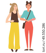 People on weekend vector, woman with friend walking holding hands. Ladies talking while strolling, person carrying handbag, female group friendship. Female Friends Walking Calmly and Talking Isolated. Стоковая иллюстрация, агентство Ingram Publishing / Фотобанк Лори