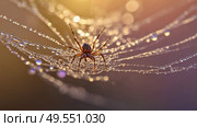 A beautiful spider and a web decorated with dew drops that shimmer in the sun, creating a glow effect. The background of the image is blurred, in a warm golden pink color scheme. Стоковое AI-изображение, AI-художник Photojuli / Фотобанк Лори