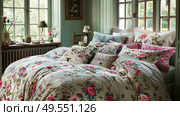 A bed with a floral comforter is positioned next to a window, creating a cozy and inviting atmosphere in the room. Стоковое AI-изображение, AI-художник Данила Большаков / Фотобанк Лори